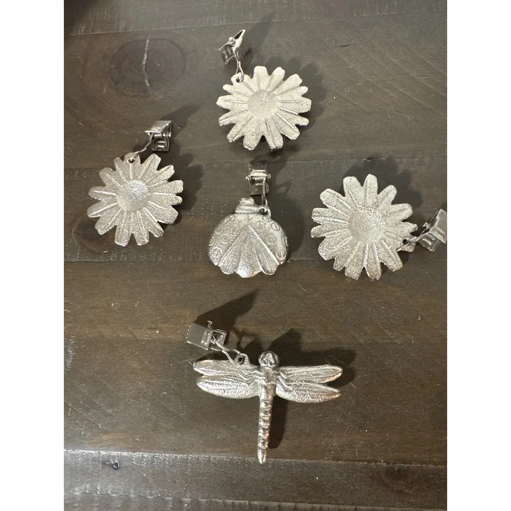Vintage Silver Cast Metal Garden Tablecloth Weights Daisy Ladybug Dragonfly 5pc
